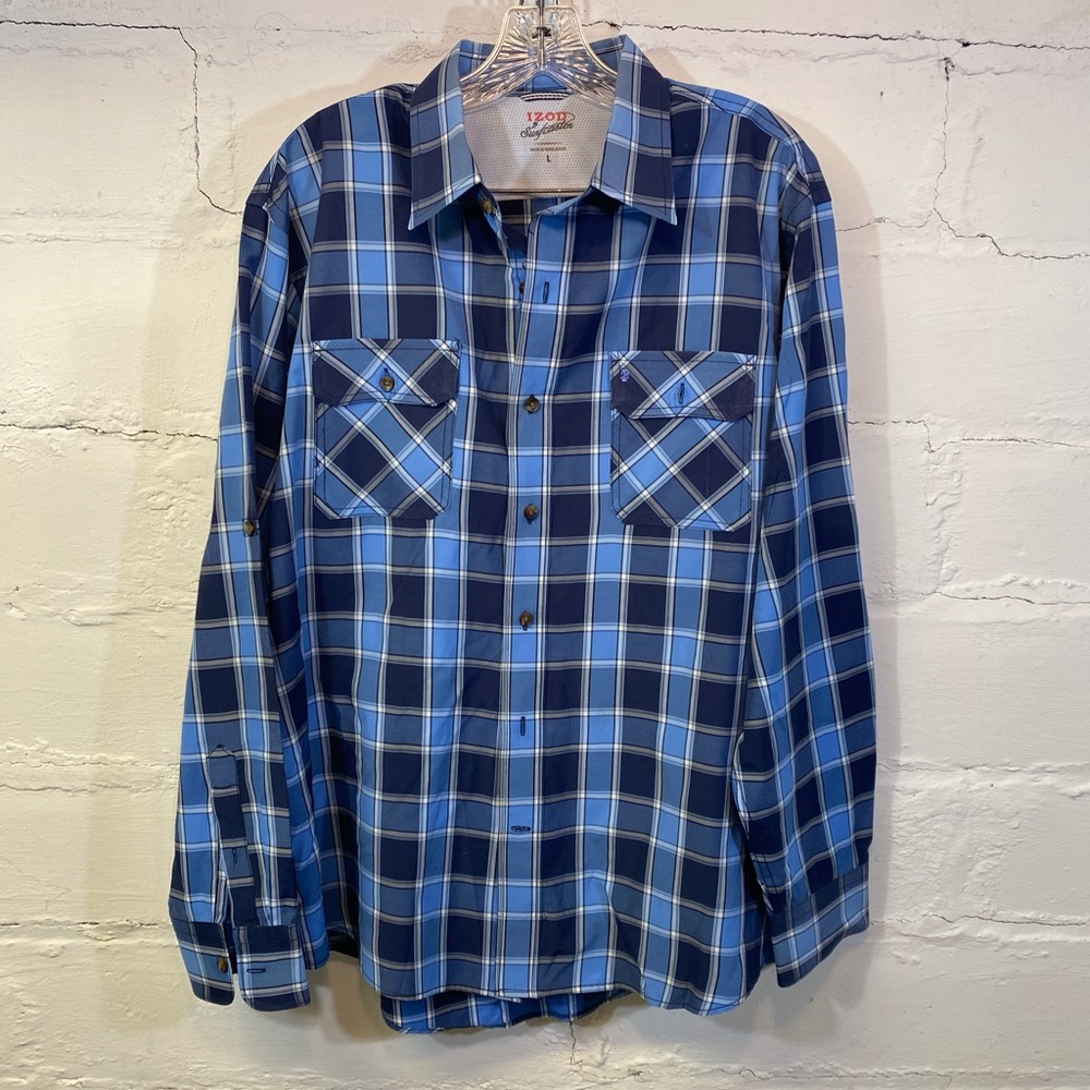 Izod Surfcaster Blue Plaid Shirt with Long Sleeves